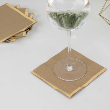 50 Pack Natural Disposable Cocktail Napkins with Gold Foil Edge, Soft 2 Ply Paper Beverage Napkins - 5"x5"