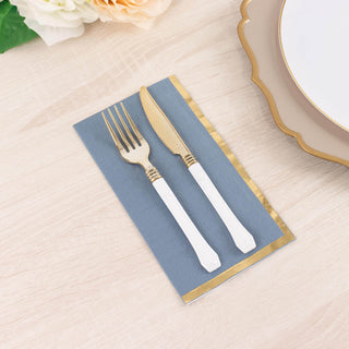 <strong>Premium-Quality Dusty Blue Dinner Paper Napkins with Gold Foil Edge</strong> <strong>Premium-Quality Dusty Blue Dinner Paper Napkins with Gold Foil Edge</strong>