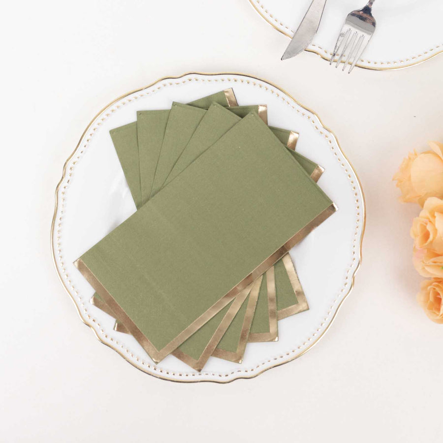 50 Pack Olive Green Soft 2 Ply Disposable Party Napkins with Gold Foil Edge