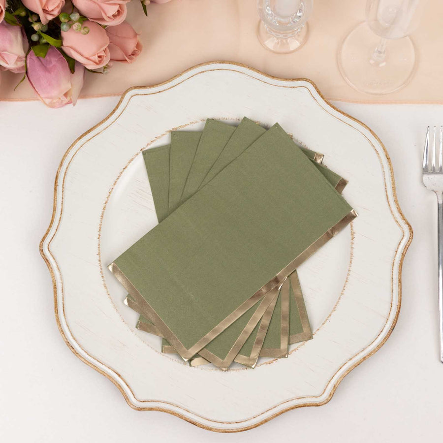 50 Pack Olive Green Soft 2 Ply Disposable Party Napkins with Gold Foil Edge