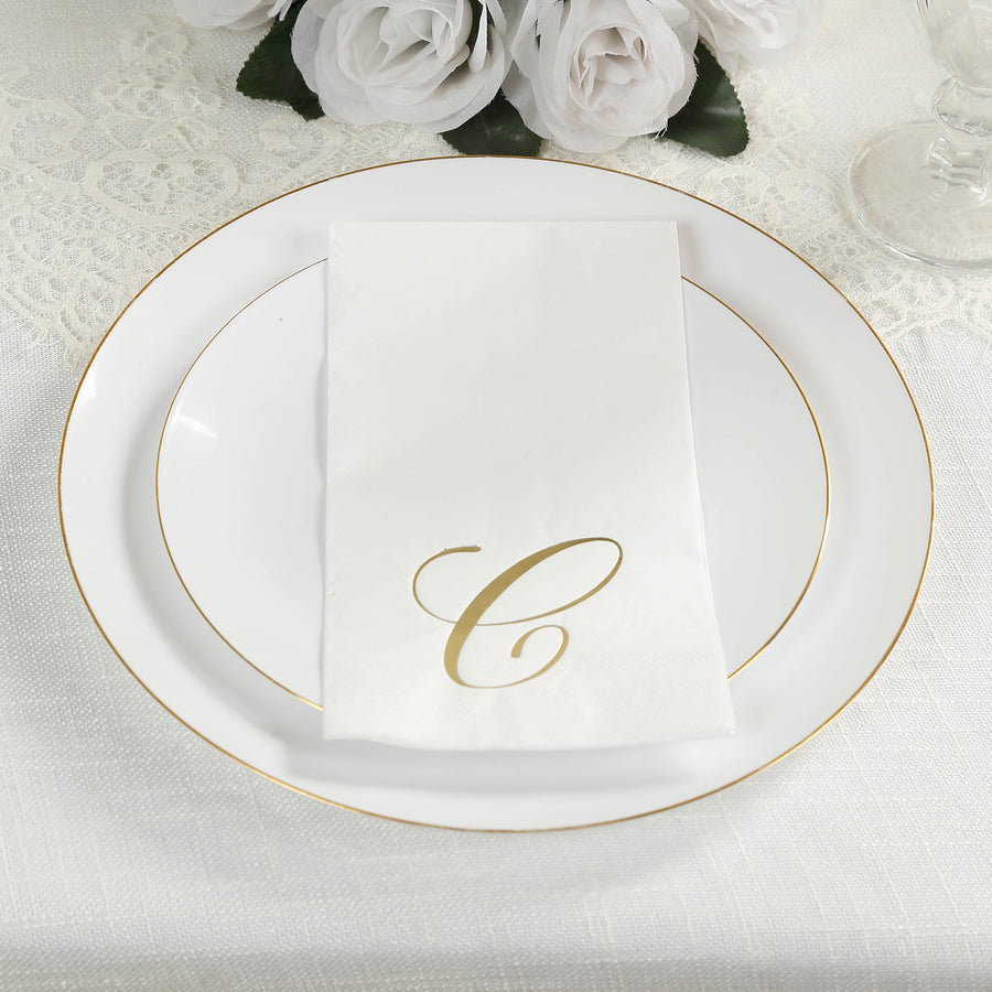 100 Paper Dinner Napkins White with Gold Foil Monogram