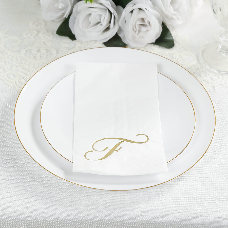 100 Paper Dinner Napkins White with Gold Foil Monogram