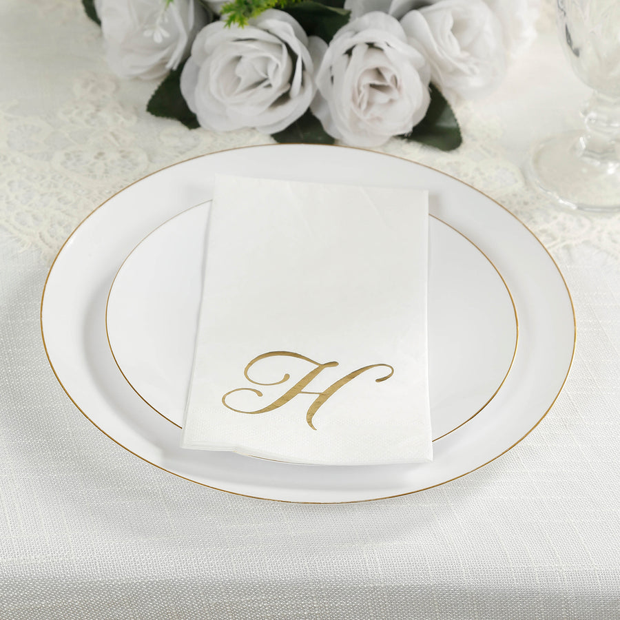 100 Paper Dinner Napkins White with Gold Foil Monogram