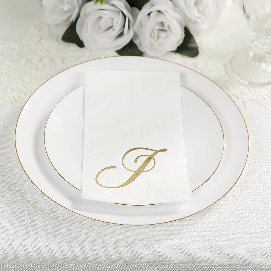 100 Paper Dinner Napkins White with Gold Foil Monogram
