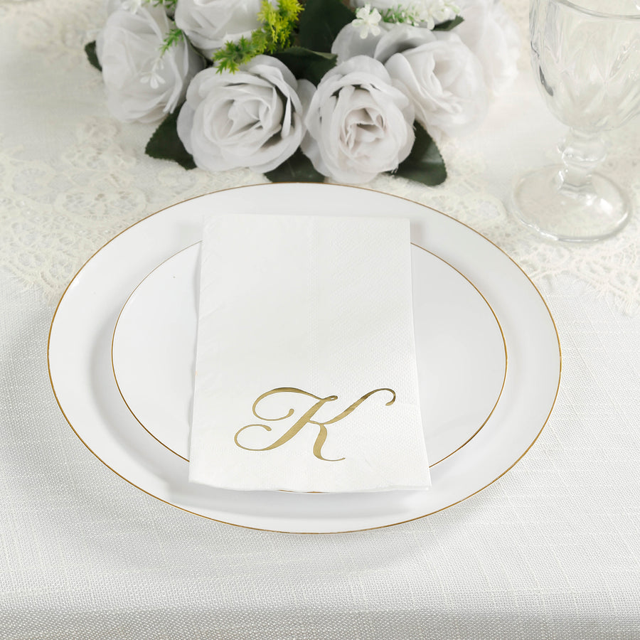 100 Paper Dinner Napkins White with Gold Foil Monogram