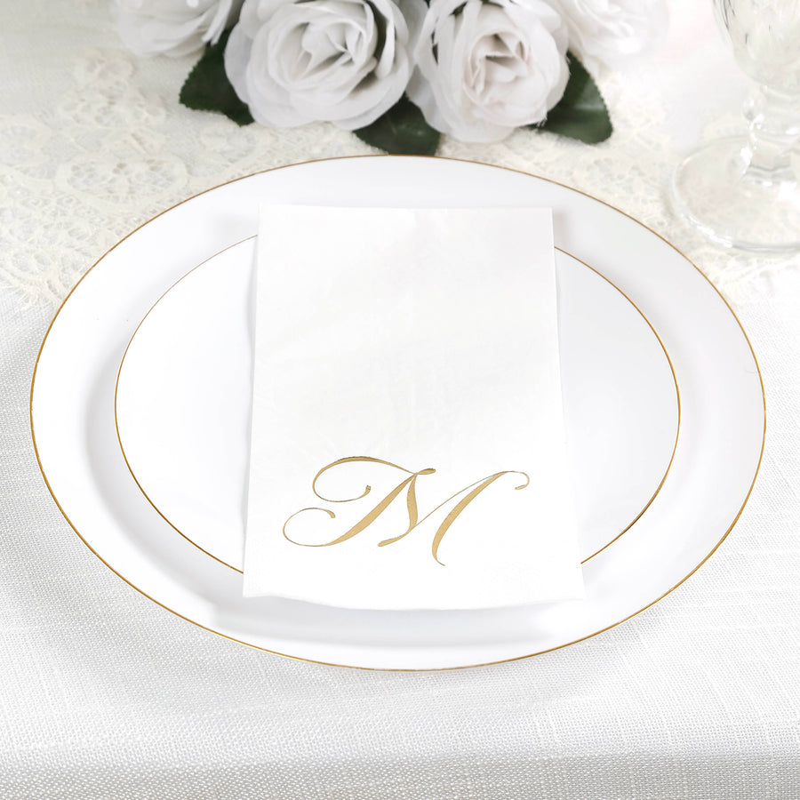 100 Paper Dinner Napkins White with Gold Foil Monogram