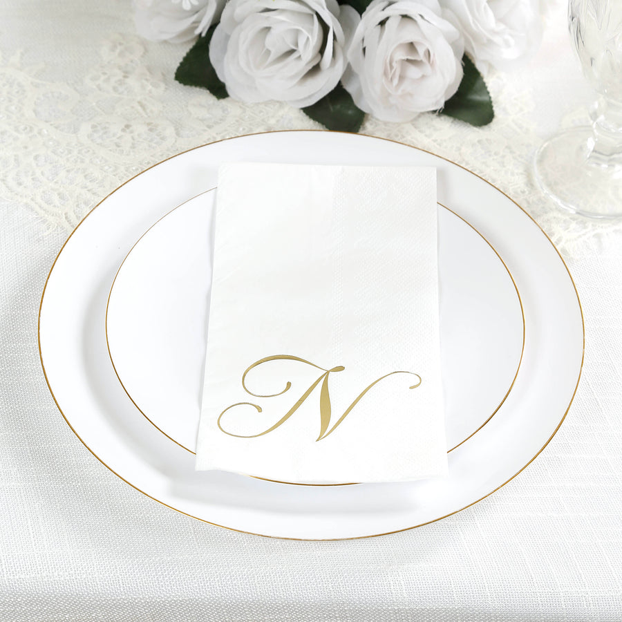 100 Paper Dinner Napkins White with Gold Foil Monogram