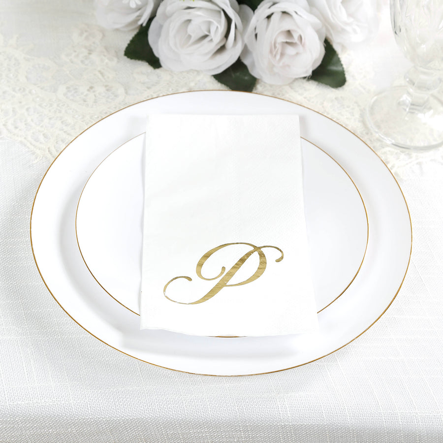 100 Paper Dinner Napkins White with Gold Foil Monogram