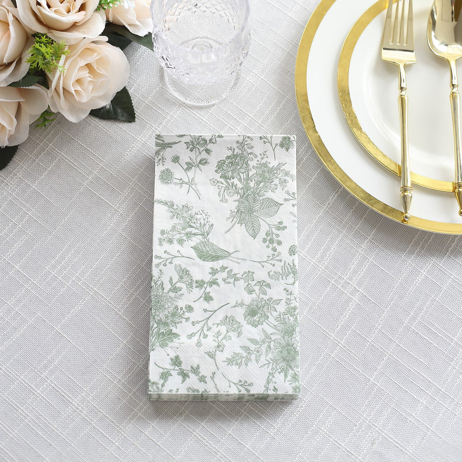 20 Pack Sage Green Floral Toile Print Disposable Party Napkins