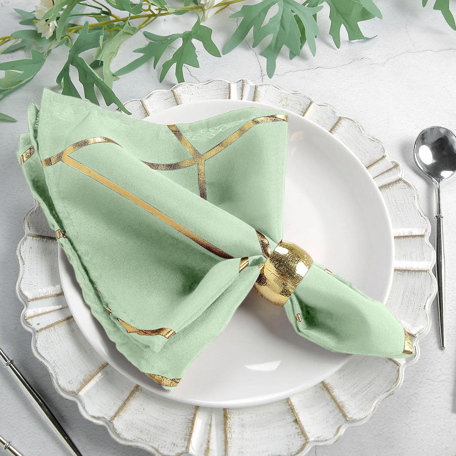 5 Pack | Sage Green With Geometric Gold Foil Cloth Polyester Dinner Napkins | 20x20inch