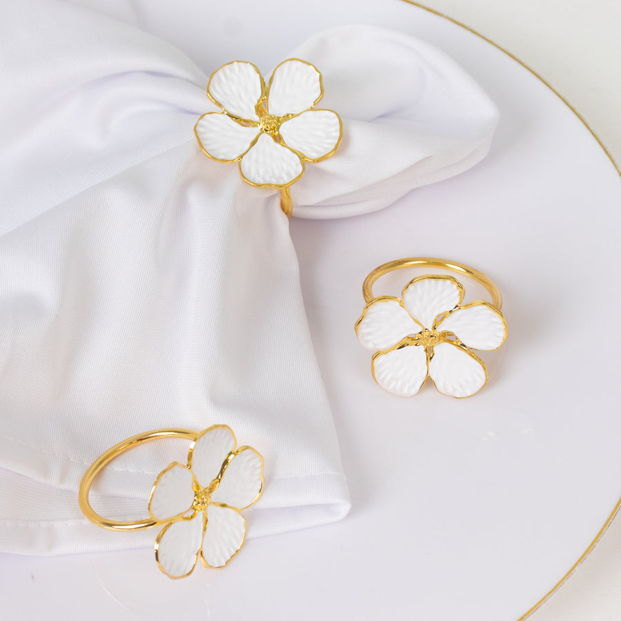 4 Pack | White & Gold Metal Flower Napkin Rings, Floral Serviette Buckle Napkin Holder Set