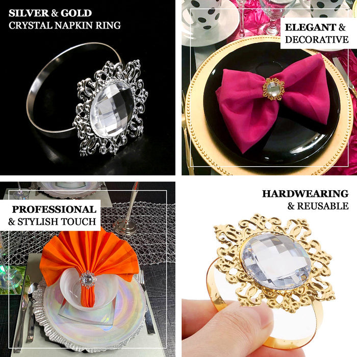 6 Pack | 2inch Gold Metal Crystal Rhinestone Napkin Rings, Diamond Bling Napkin Holders