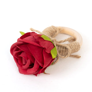 Red rose teething ring with wooden handle and twine wrap