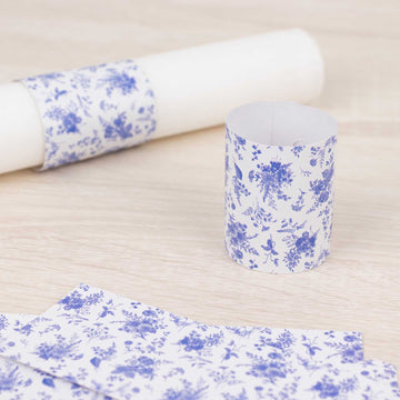 50 Pack White Blue Paper Napkin Holder Bands with Chinoiserie Floral Print, Disposable Napkin Rings - 1.5"