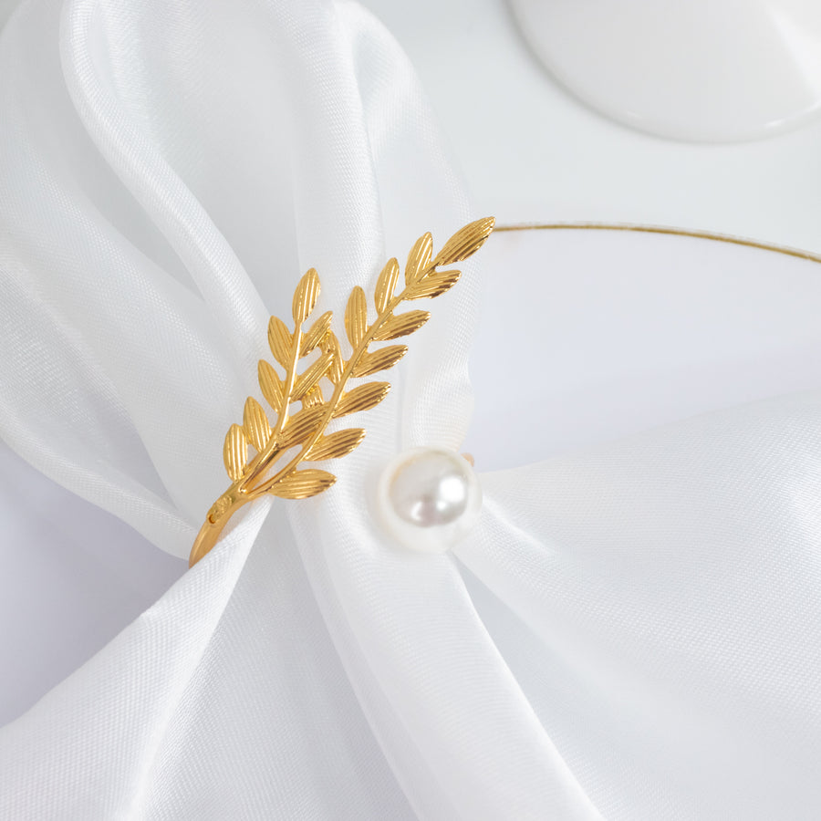 Gold Leaf Napkin Rings 10 Pack with White Pearl Accent – Metal Wheat Leaf Napkin Holders for Wedding