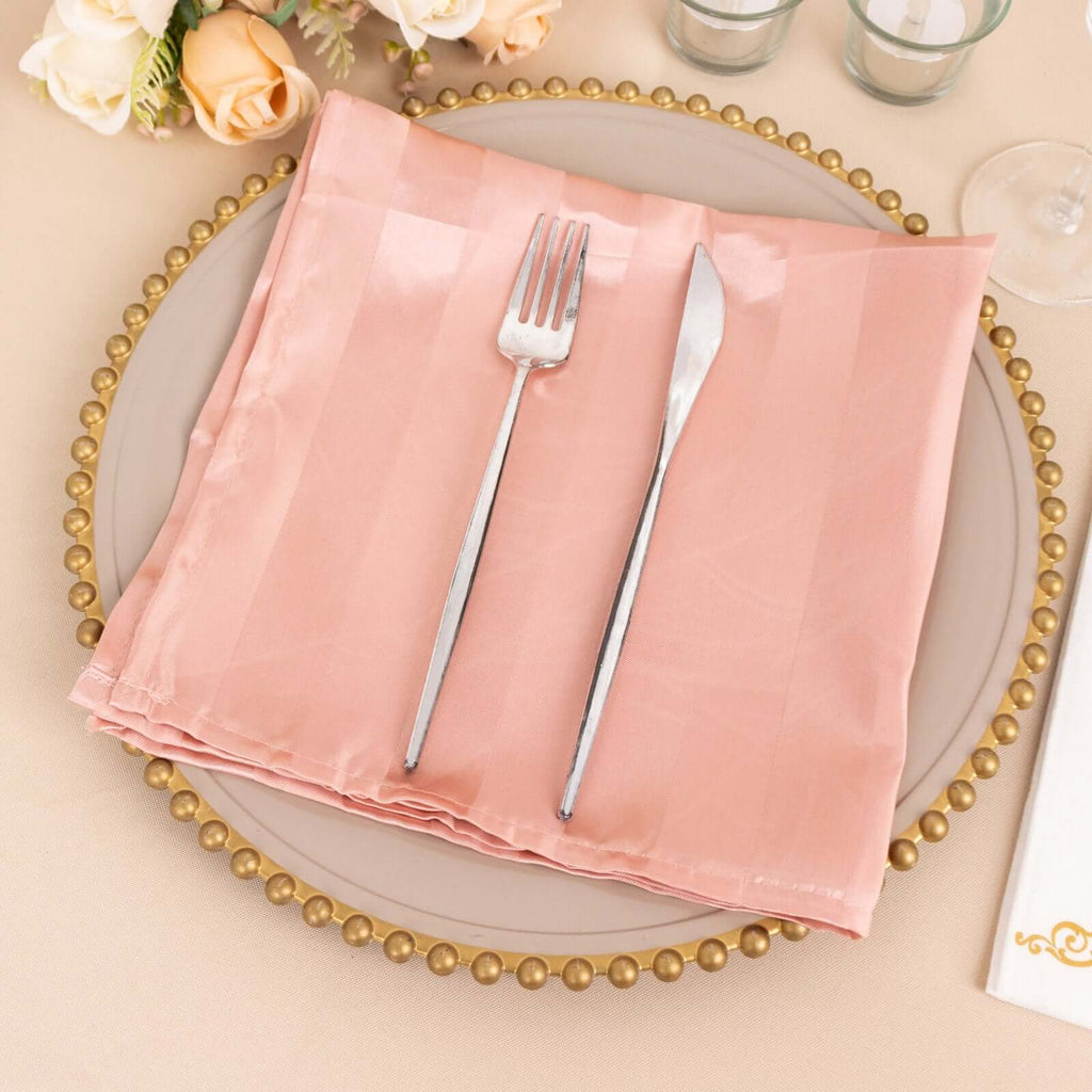 5 Pack Dusty Rose Striped Satin Linen Napkins, WrinkleFree Reusable W