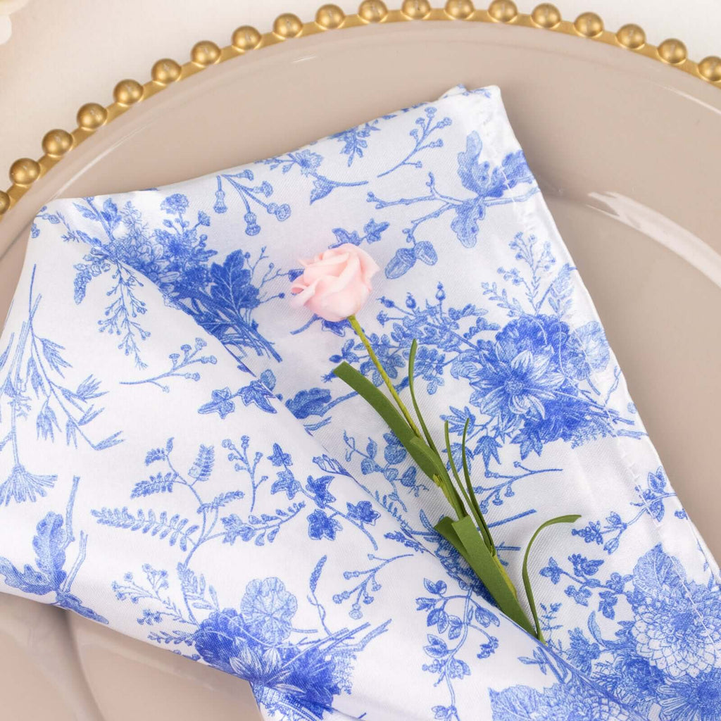 5 Pack White Blue Chinoiserie Floral Print Satin Cloth Dinner Napkins 5 Pack White Blue Chinoiserie Floral Print Satin Cloth Dinner Napkins