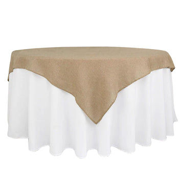 72"x72" Natural Faux Jute Burlap Square Table Overlay, Boho Chic Linen Tablecloth Topper