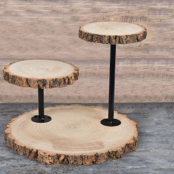 14" 3-Tier Natural Wood Slice Cheese Board Cupcake Stand, Rustic Centerpiece - Assembly Tools Included