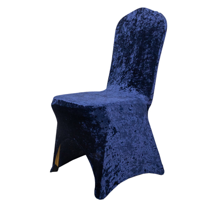 Navy Blue Crushed Velvet Spandex Stretch Wedding Chair Cover With Foot Pockets - 190 GSM#whtbkgd