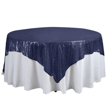90"x90" Navy Blue Premium Sequin Square Table Overlay, Sparkly Table Overlay