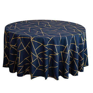 120" Navy Blue Seamless Round Polyester Tablecloth With Gold Foil Geometric Pattern