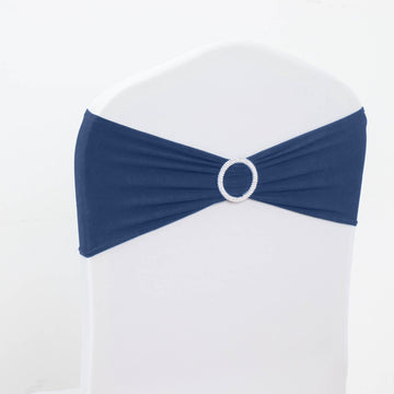 5 Pack 5"x14" Navy Blue Spandex Stretch Chair Sashes with Silver Diamond Ring Slide Buckle