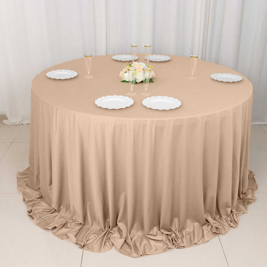 132inch Nude Premium Scuba Wrinkle Free Round Tablecloth, Seamless Scuba Polyester Tablecloth