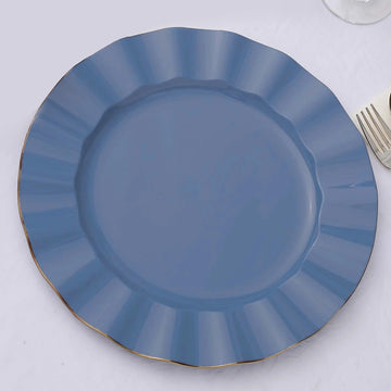 10 Pack 11" Ocean Blue Disposable Dinner Plates With Gold Ruffled Rim, Round Plastic Party Plates