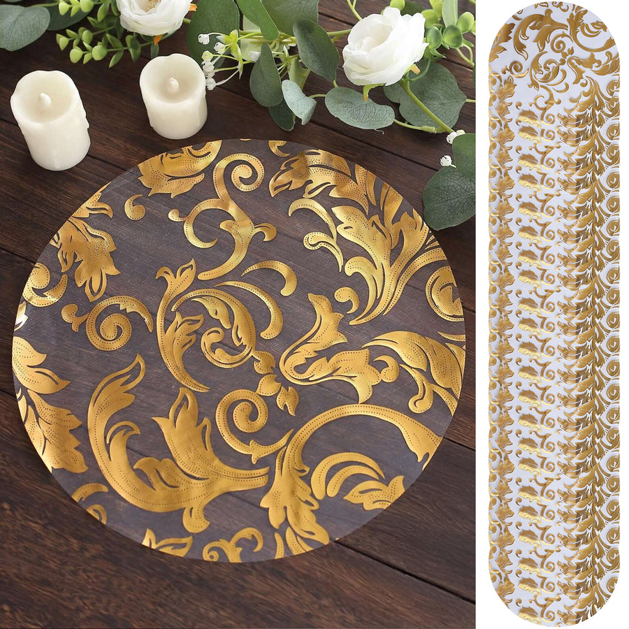 50-Pack Table Placemats Swirl Foil Floral Design Metallic Gold Round - Sheer Organza Disposable Mats