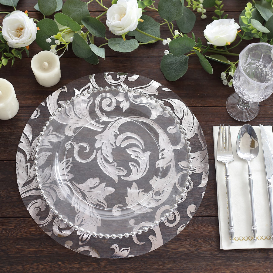 10 Pack Metallic Silver Sheer Organza Dining Table Mats with Swirl Foil Floral Design