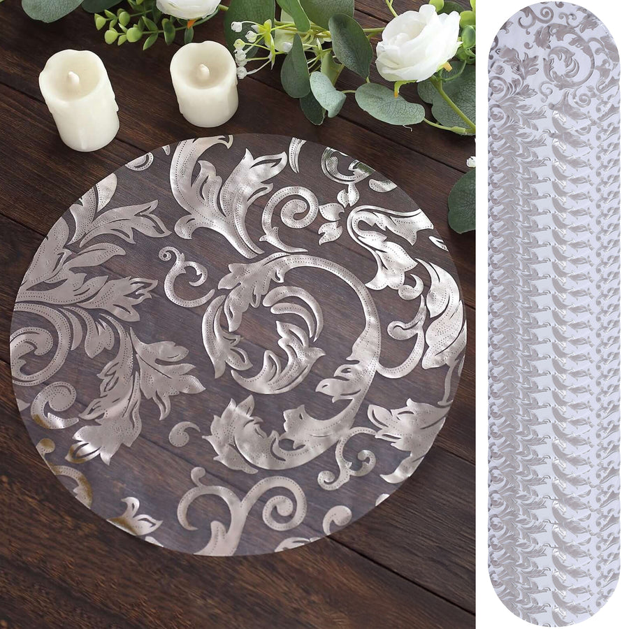 50-Pack Table Placemats Swirl Foil Floral Design Metallic Silver Round - Sheer Organza
