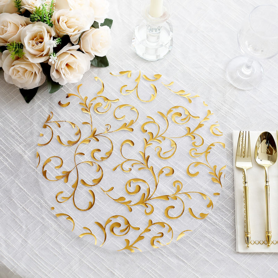 10 Pack Metallic Gold Sheer Organza Dining Table Mats with Embossed Foil Flower Design