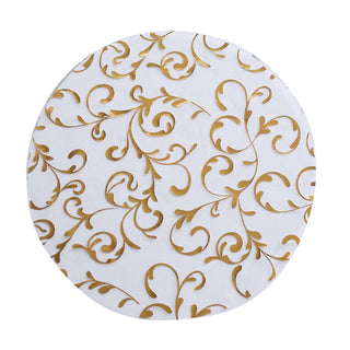 Gold floral design round tablecloth on a white background. #whtbkgd