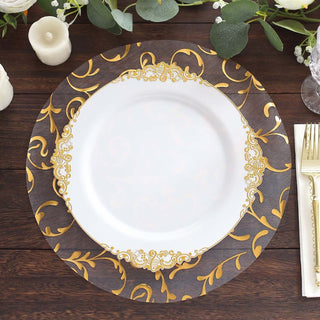 Elegant gold-accented dinner plate on a wooden table.