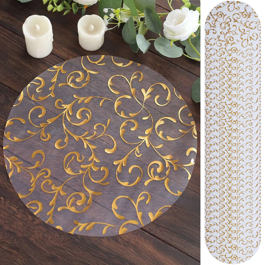 Gold floral design table runner on wood surface.