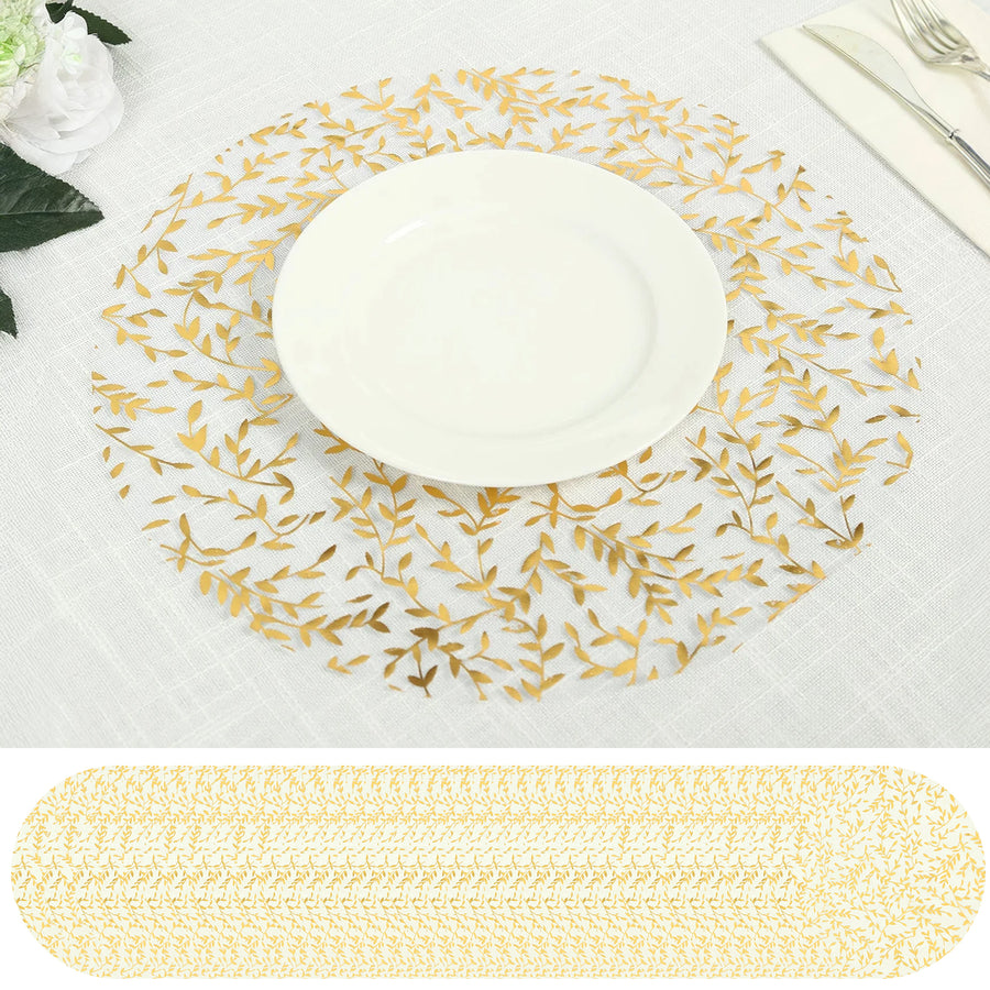 50-Pack Table Placemats Gold Foil Leaf Vine Design White Round
