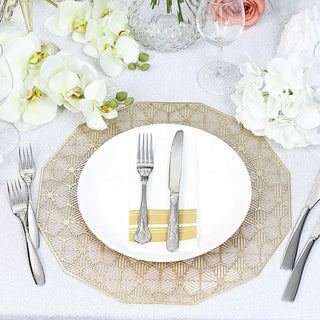Add Elegance to Your Table with 15" Gold Geometric Woven Vinyl Placemats