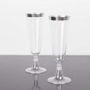 12 Pack 5oz Silver Rim Clear Short Stem Plastic Champagne Glasses, Disposable Trumpet Flutes With Detachable Base