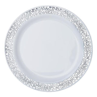 Elegant and Sophisticated 10 Pack of Silver Lace Rim White Disposable Salad Plates Elegant and Sophisticated 10 Pack of Silver Lace Rim White Disposable Salad Plates