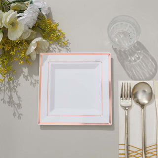 Elevate Your Event with Rose Gold Trim White Plastic Square Dessert Plates