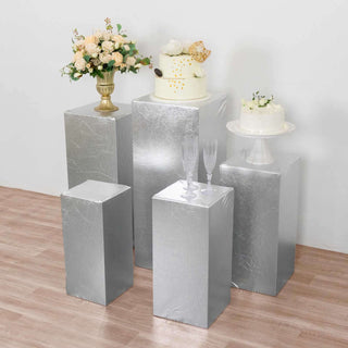 Elevate Your Event Decor with Silver Metallic Spandex Rectangular Pedestal Pillar Prop Covers Elevate Your Event Decor with Silver Metallic Spandex Rectangular Pedestal Pillar Prop Covers