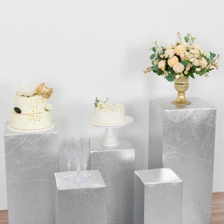 Shiny Silver Stretchable Pedestal Prop Covers for Any Event Theme Shiny Silver Stretchable Pedestal Prop Covers for Any Event Theme