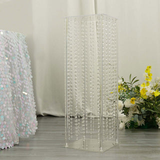 Clear Acrylic Flower Pedestal Stand with Hanging Crystal Beads - Elevate Your Event Decor Clear Acrylic Flower Pedestal Stand with Hanging Crystal Beads - Elevate Your Event Decor