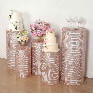 Add a Touch of Luxury with Rose Gold Sequin Mesh Cylinder Prop Covers Add a Touch of Luxury with Rose Gold Sequin Mesh Cylinder Prop Covers