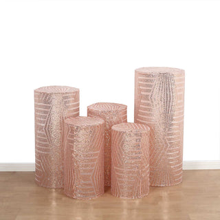 Elevate Your Event with Rose Gold Sequin Mesh Cylinder Pedestal Covers