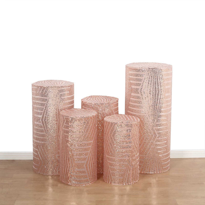 Set of 5 Rose Gold Sequin Mesh Cylinder Pedestal Pillar Prop Covers with Geometric Pattern