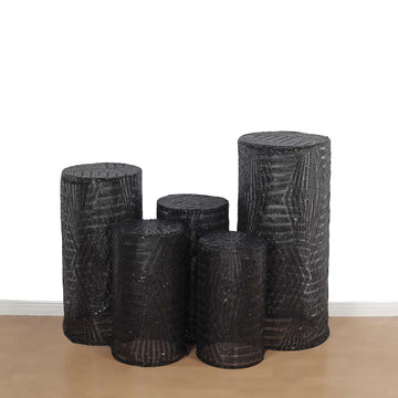 Set of 5 Black Sequin Mesh Cylinder Pedestal Pillar Prop Covers with Geometric Pattern Embroidery, Sparkly Sheer Tulle Display Box Stand Covers
