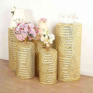 Add a Touch of Opulence with Gold Sequin Mesh Cylinder Pedestal Pillar Prop Covers Add a Touch of Opulence with Gold Sequin Mesh Cylinder Pedestal Pillar Prop Covers