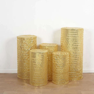 Elevate Your Event with Gold Sequin Mesh Cylinder Pedestal Covers Elevate Your Event with Gold Sequin Mesh Cylinder Pedestal Covers